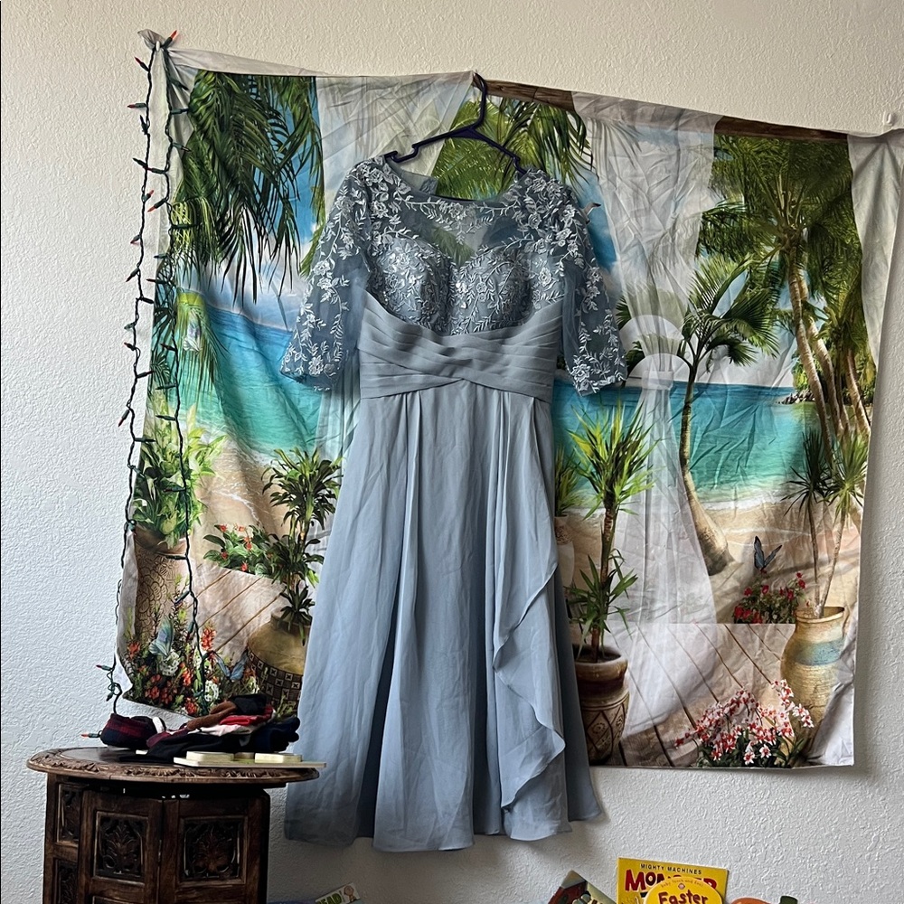 Elegant Light Blue Lace Chiffon A-Line Dress